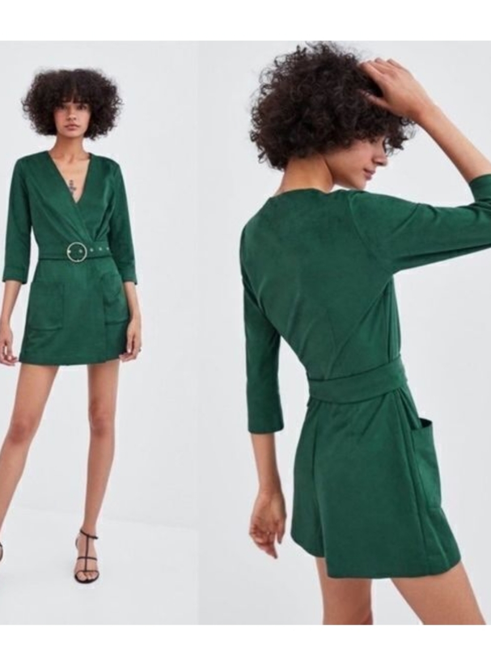 Zara Emerald Green Faux Suede Elegant Belted Romper Sz Large TRF Collection